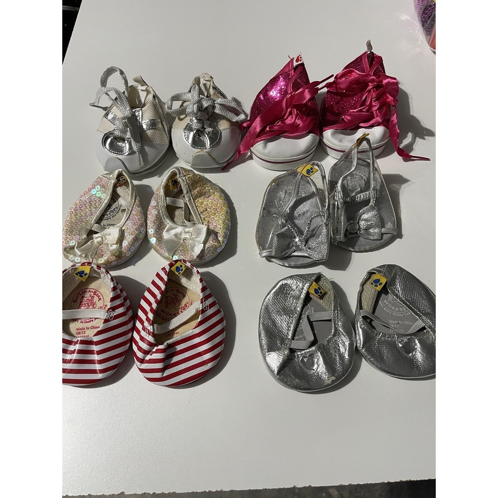 Build-A-Bear Workshop Doll Shoe Lot 6 Pairs Sequin Sneakers Flats Sandals Silver